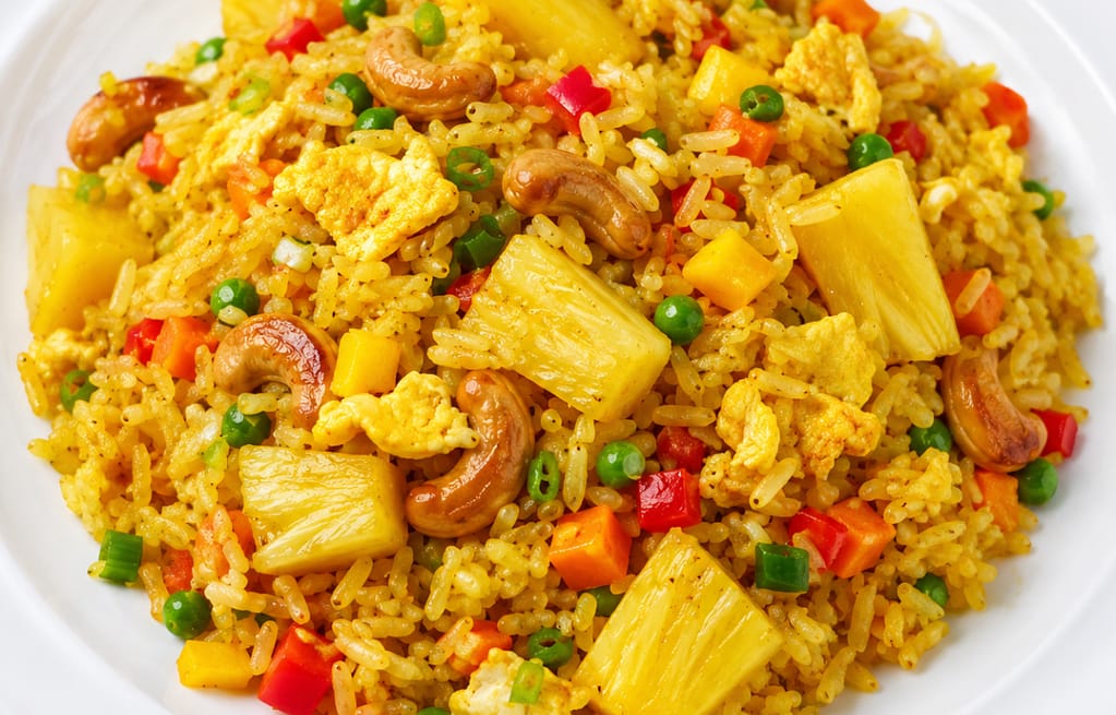Thai pineapple fried rice with curry powder and cashews