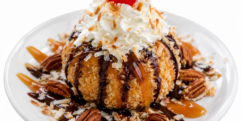 Mexican fried ice cream with chocolate sauce and whipped cream
