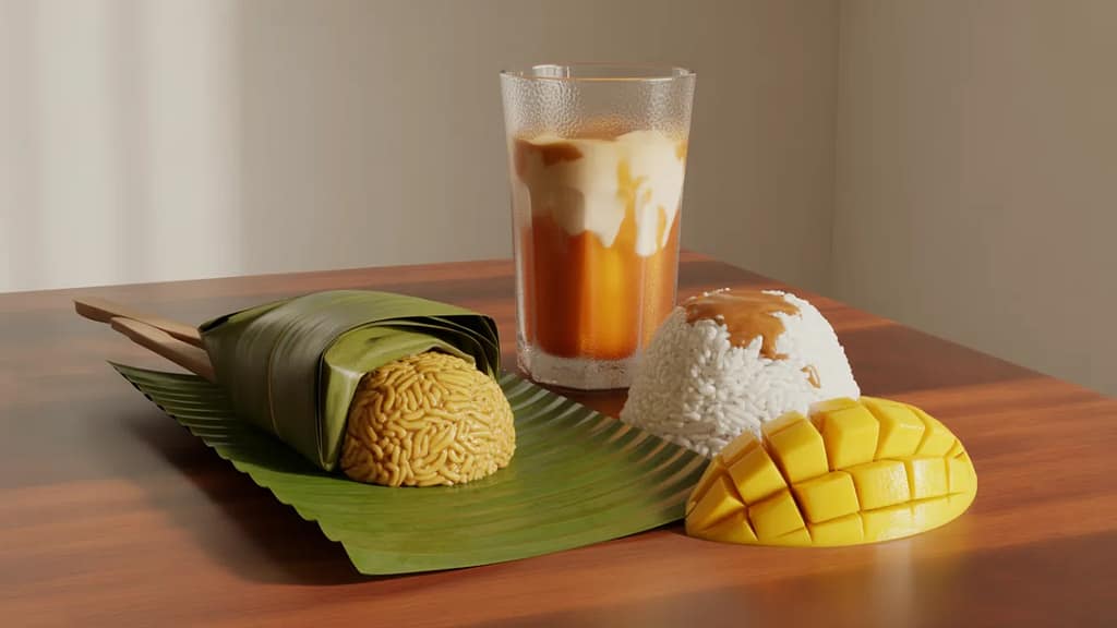 Khao Tom Mud served with Thai desserts and Thai iced tea