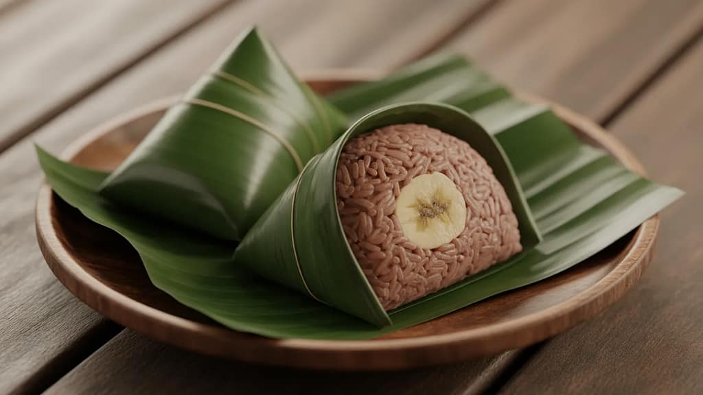 Traditional Khao Tom Mud Thai banana sticky rice dessert wrapped in banana leaf