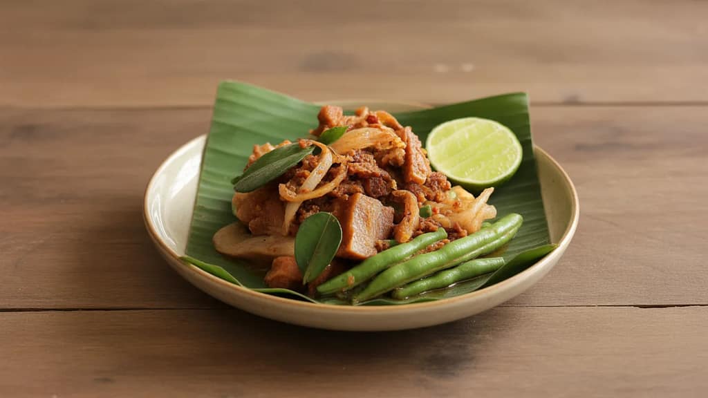 Traditional Pad Prik Khing Moo Krob Thai crispy pork dish