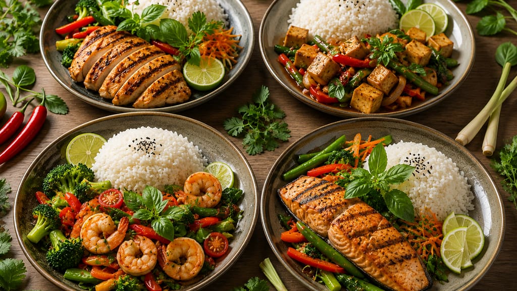 Healthy Thai menu NYC with protein-rich chicken tofu shrimp and salmon dishes