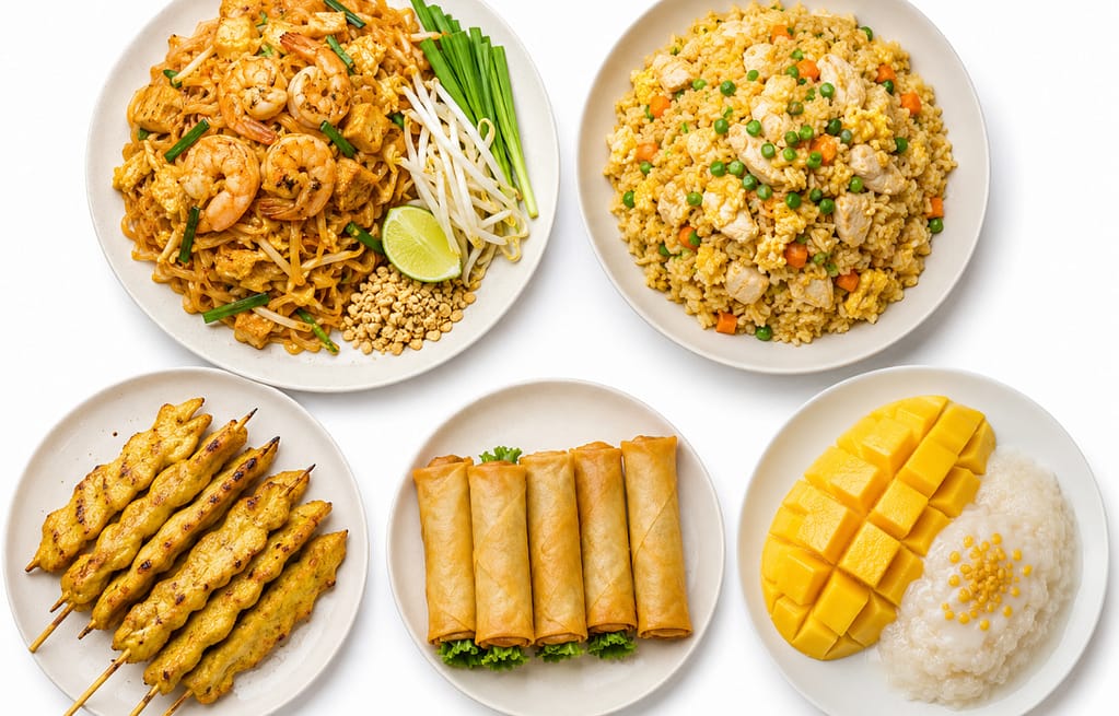Kid-friendly Thai dishes including pad Thai and fried rice arranged on clean table