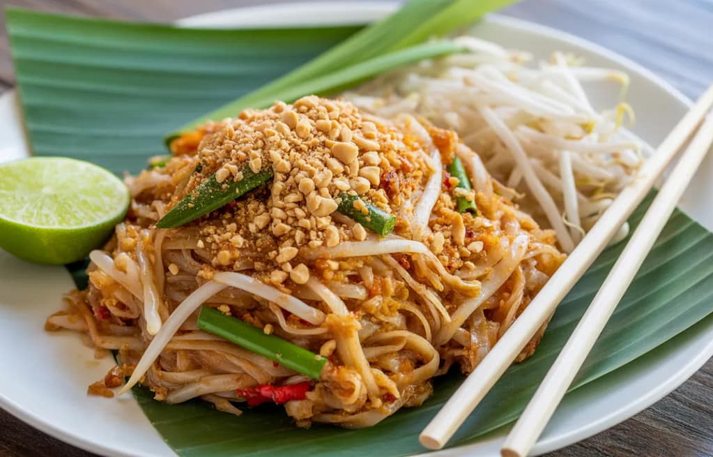 Pad Thai for beginners served on plate with peanuts lime and noodles