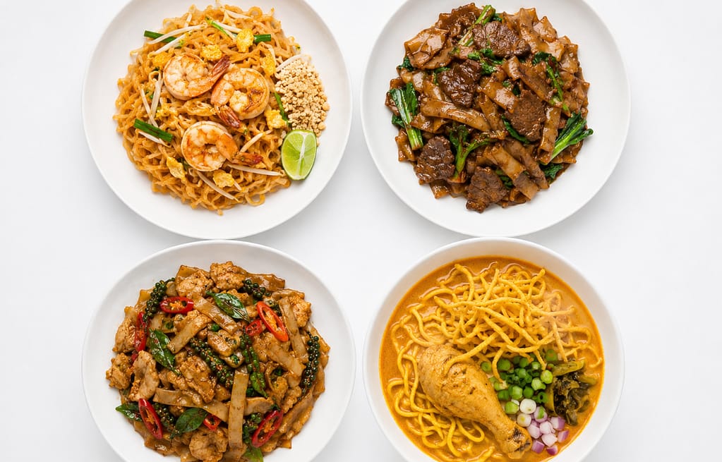Best Thai dishes in NYC including noodles and curry on white table