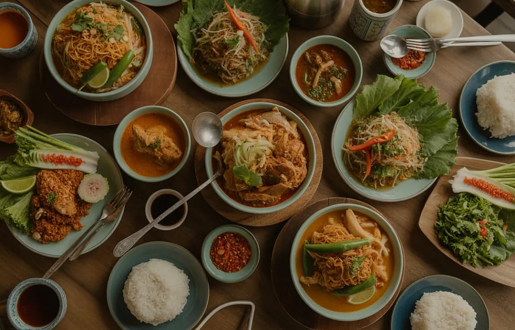 Authentic Thai cuisine NYC including khao soi larb som tum on table