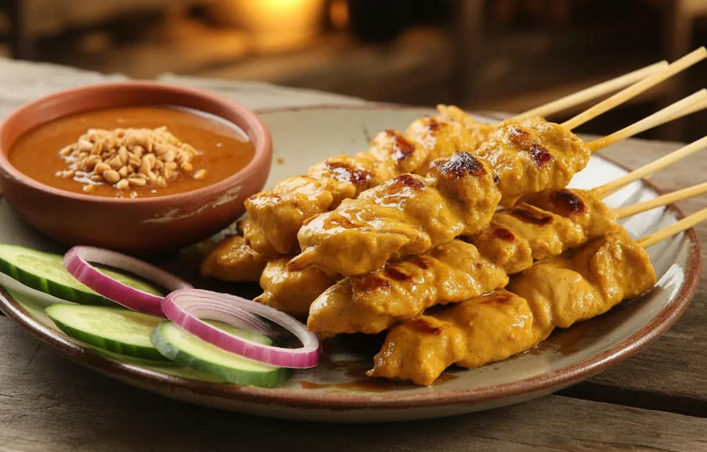 Chicken satay Thai appetizer with peanut sauce on table