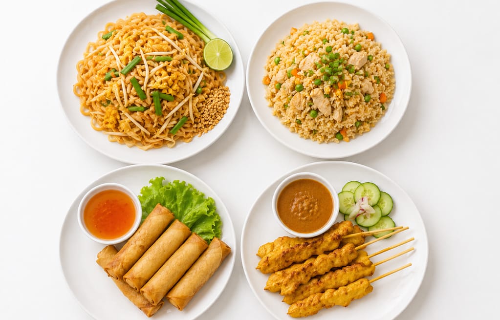 Mild Thai food dishes suitable for kids including pad Thai and fried rice