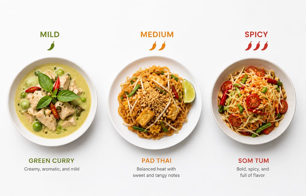 Thai food spice levels and ordering guide NYC dishes on table