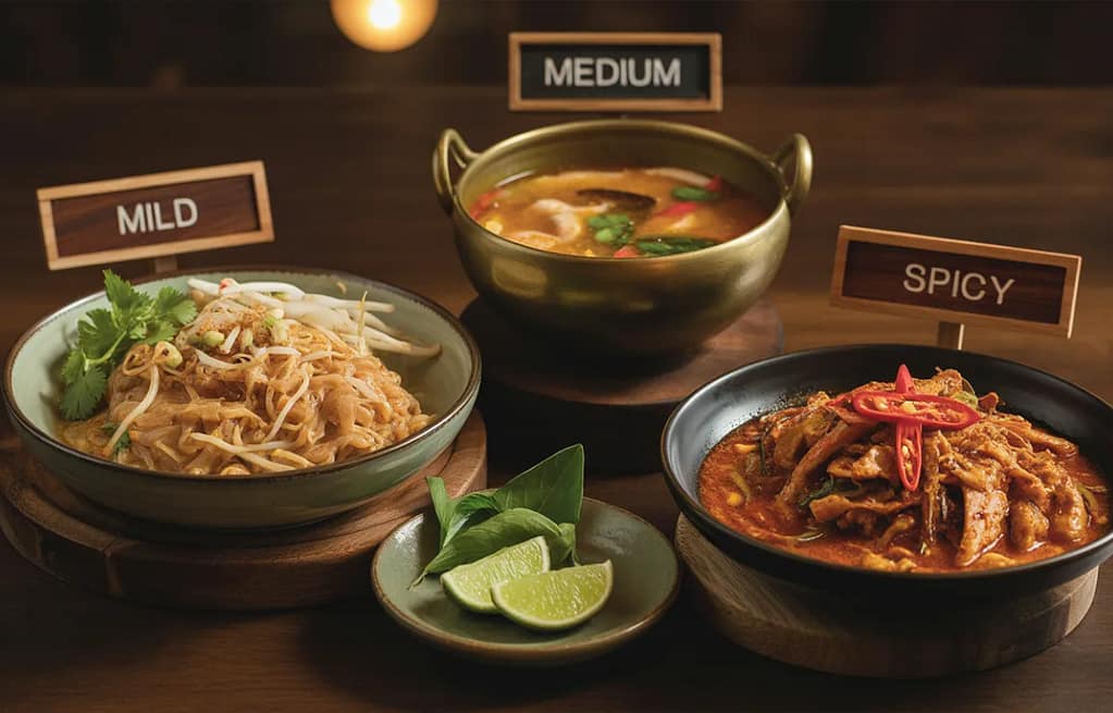 Thai food spice levels mild medium hot dishes on table