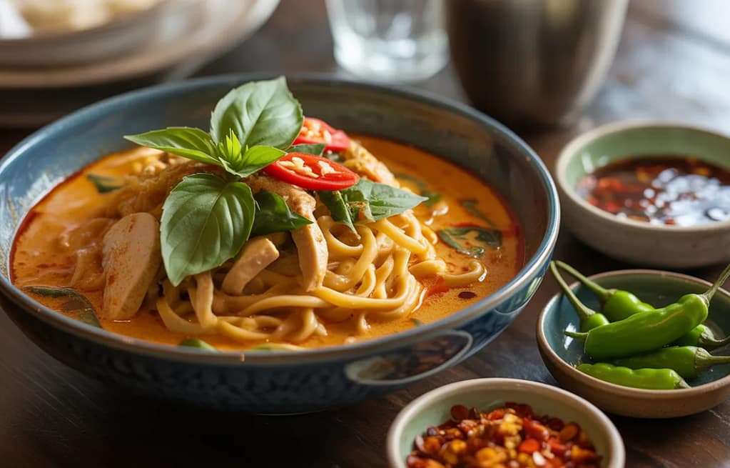 Thai food spice levels explained with chili ingredients and dishes on table