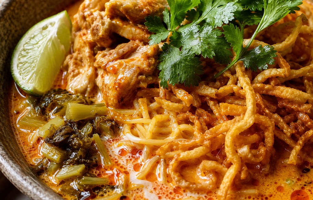 Authentic Khao Soi coconut curry broth and crispy noodles