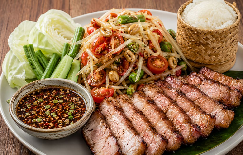 Authentic Moo Yang Som Tum with grilled pork and papaya salad