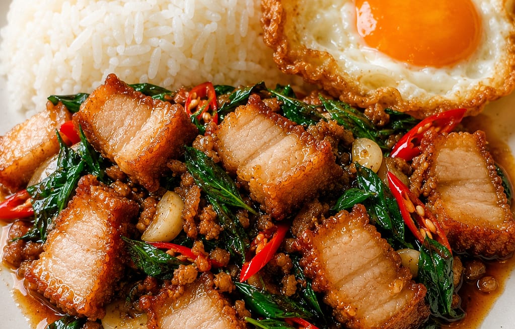 Authentic Pad Kra Pao Moo Krob at Zoob Zib Thai NYC