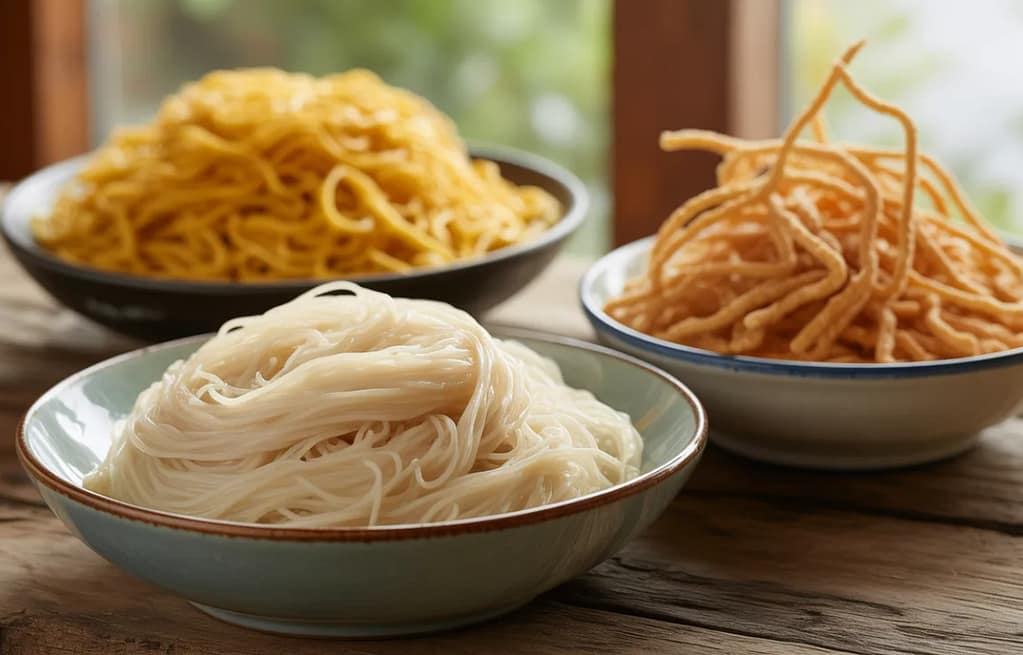 Rice noodles egg noodles and crispy noodles Thai food NYC
