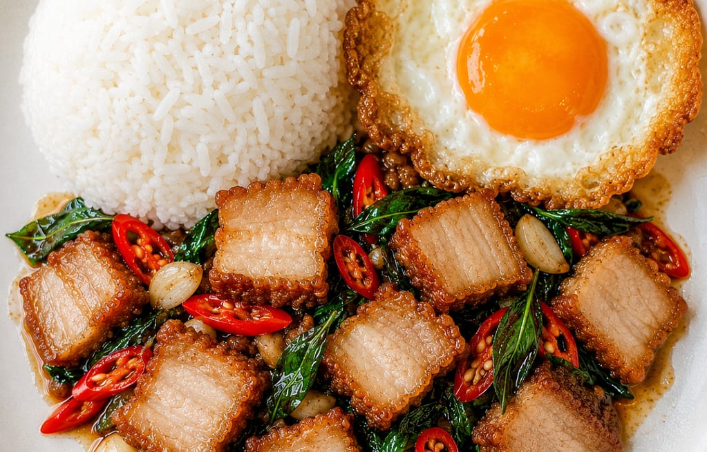 Kra Prow Moo Krob with fried egg and rice