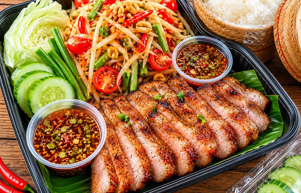 Fresh Moo Yang Som Tum available for takeout and delivery.