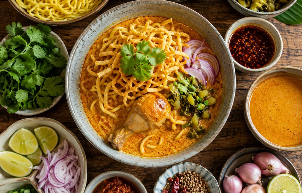 Traditional Northern Thai Khao Soi ingredients and curry noodles