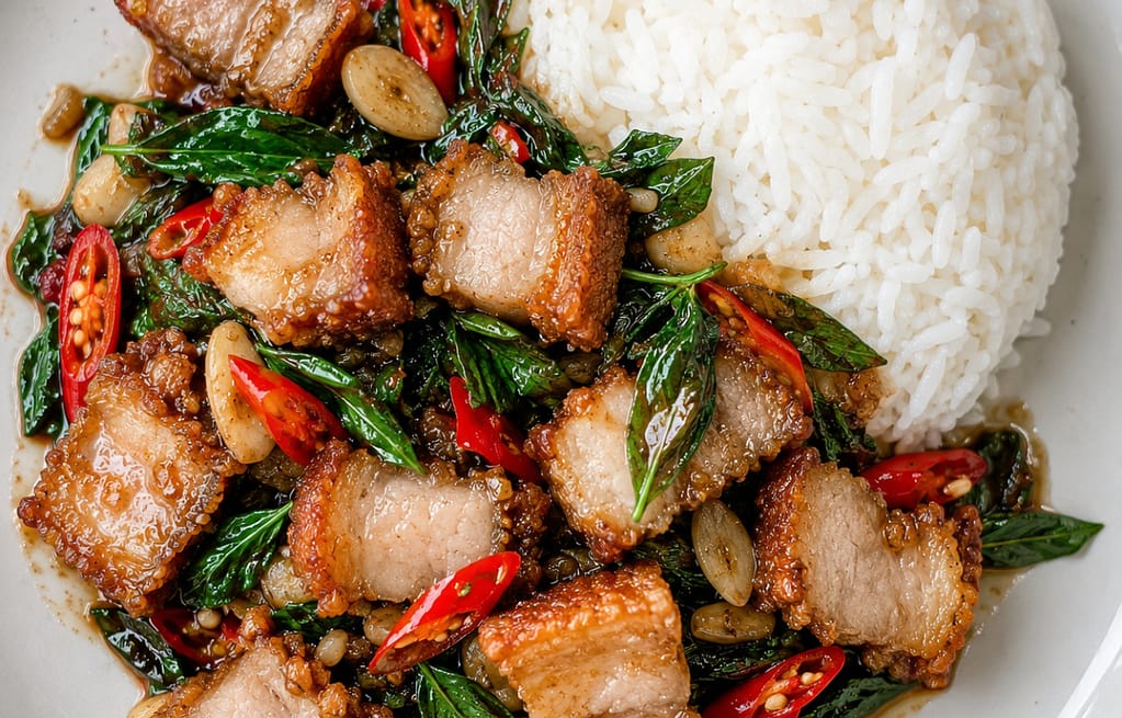 Authentic Pad Kra Pao Moo Krob Thai crispy pork belly dish
