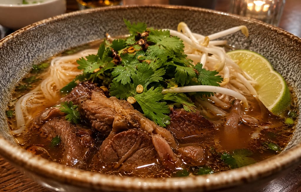Authentic Thai noodle soup in NYC with beef broth and rice noodles