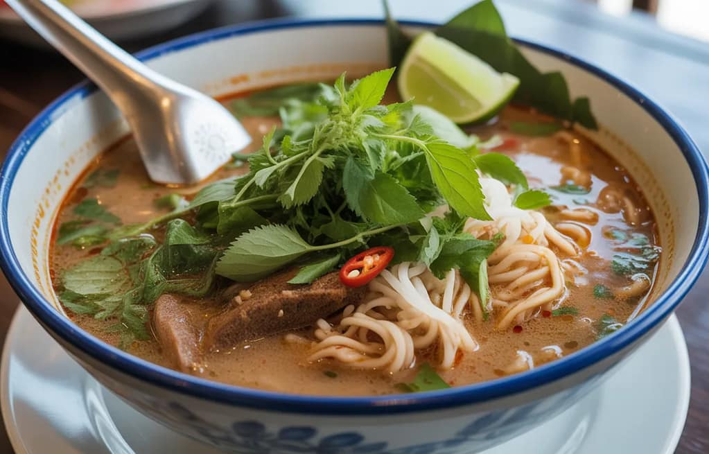 Authentic Thai noodle soup New York with rich broth and fresh herbs