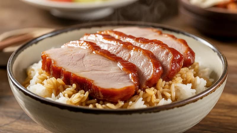 Authentic BBQ Pork Over Rice NYC with honey glazed char siu and steamed rice
