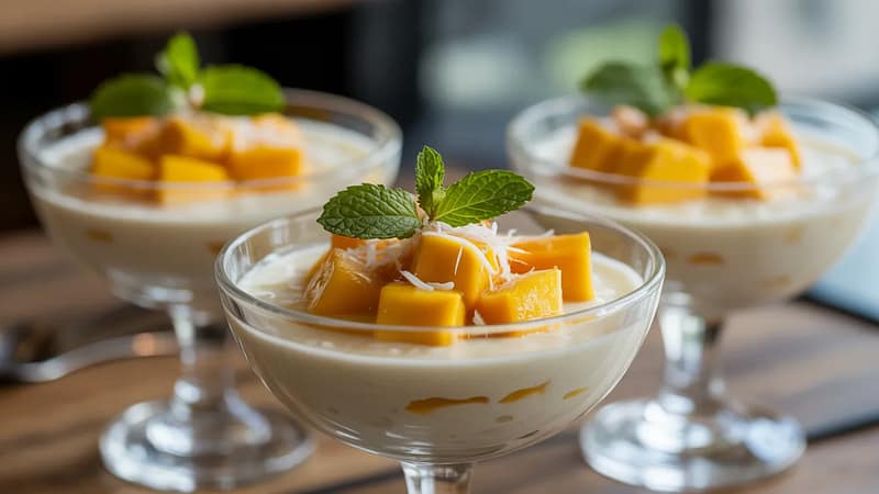 Fresh creamy coconut pudding NYC dessert with mango topping at Zoob Zib Thai NYC