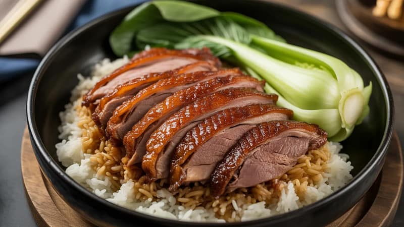 Duck Over Rice NYC with crispy roast duck and jasmine rice at Zoob Zib Thai NYC