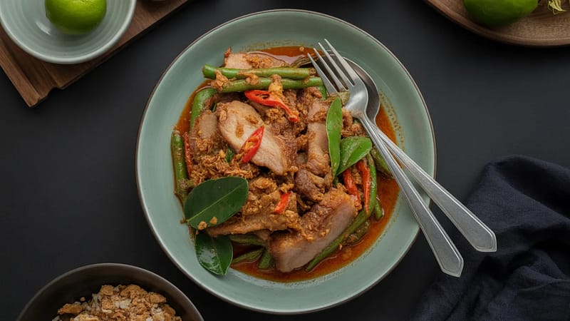 Pad Prik Khing Moo Krob crispy pork belly Thai dry curry stir fry in NYC