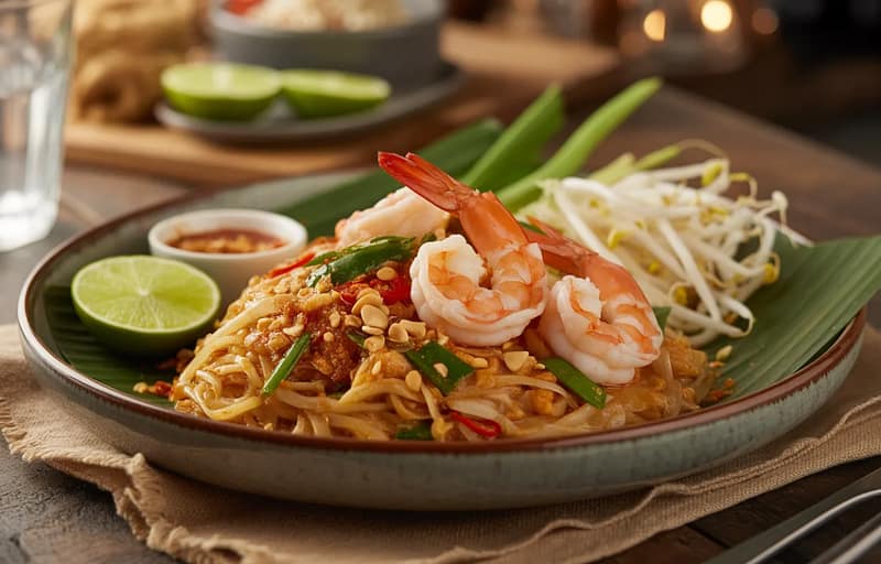 Best pad thai in Manhattan NYC served on table with authentic Thai presentation