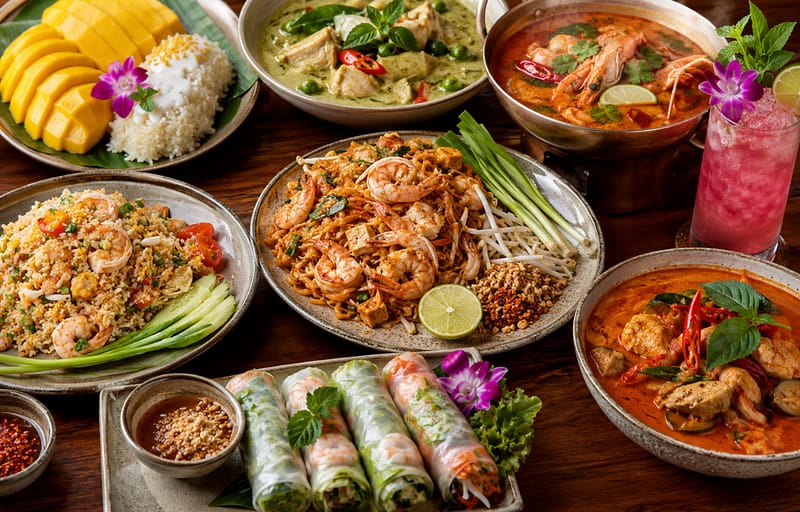 Thai food for groups in Midtown NYC with shareable Thai dishes on table