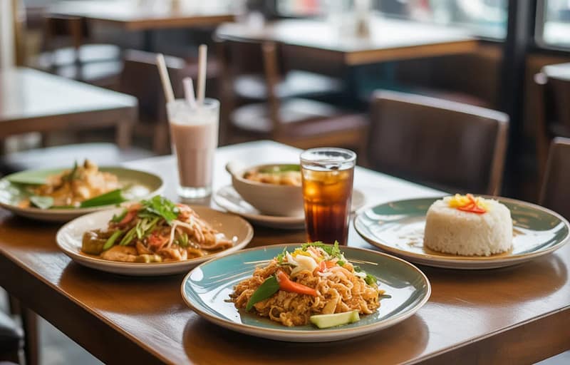 Authentic Thai food spread on table at Zoob Zib Thai NYC in Midtown Manhattan