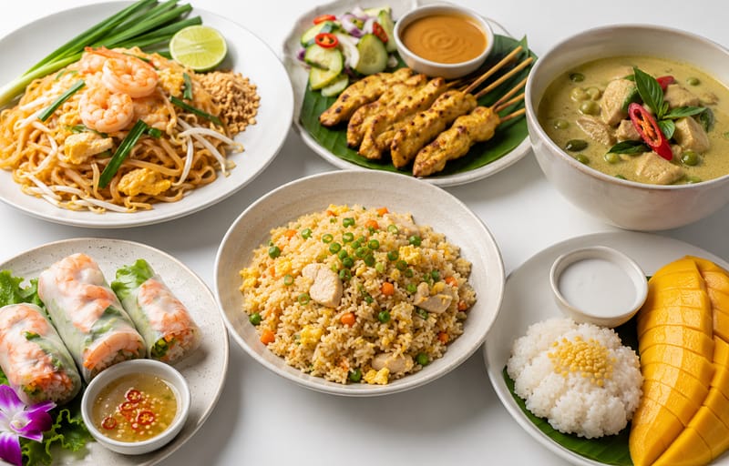 Best Thai food spread for families in NYC featuring pad Thai, curry, and rice dishes on table