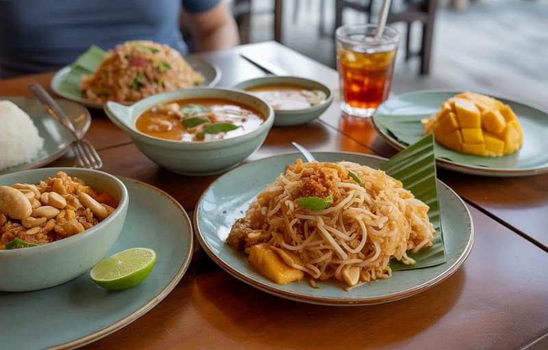 Thai food for beginners dishes on table including Pad Thai curry and fried rice at restaurant