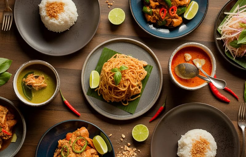 Thai food spice levels guide with multiple dishes on table from mild to Thai hot at Zoob Zib Thai NYC