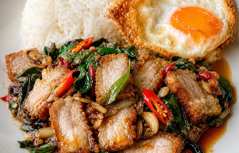 Kra Prow Moo Krob with crispy pork belly, holy basil, rice, and fried egg at Zoob Zib Thai NYC