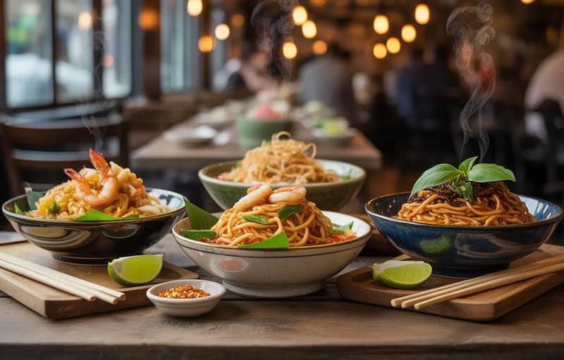 Authentic Thai noodles in New York with Pad Thai, Khao Soi and drunken noodles on table