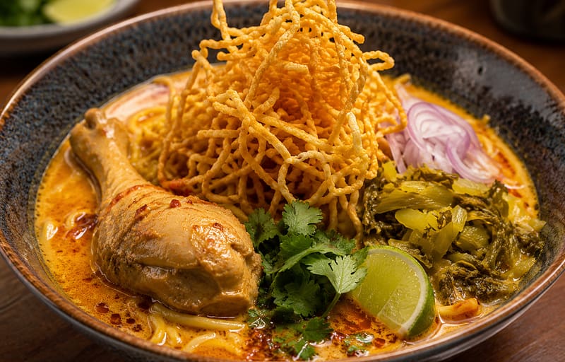 Best Khao Soi noodles in NYC with crispy noodles and coconut curry broth