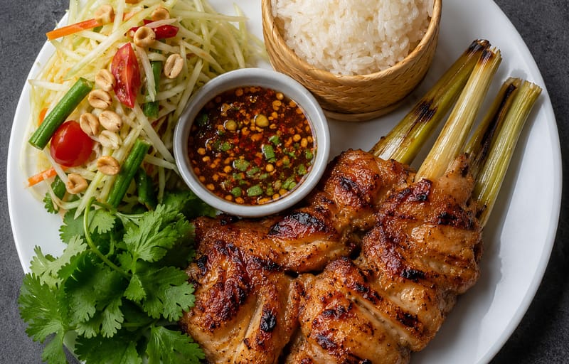 Lemongrass Chicken Combo NYC with grilled Thai chicken sticky rice and papaya salad